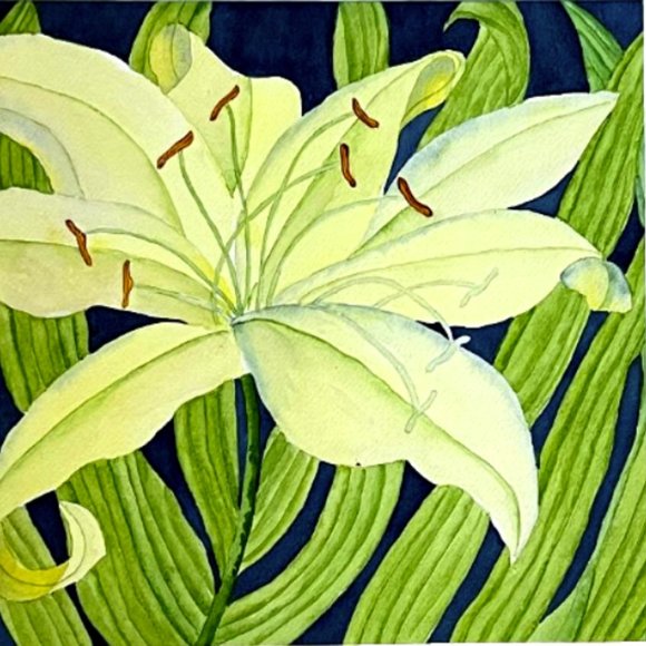 PAINTING WATERCOLOR ORIGINAL ART LILY FLOWER YELLOW GREEN BLUE 11 X14 MAT 16X20 - Picture 3 of 3